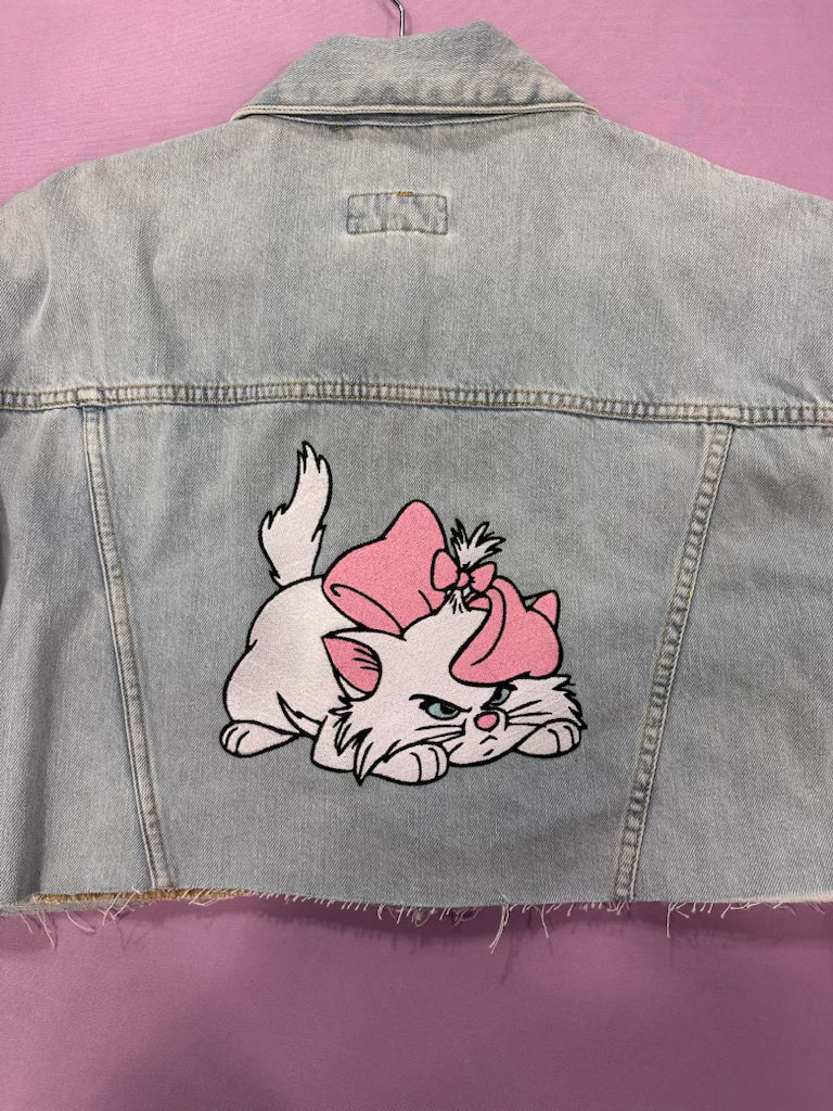 Embroidered Mad kitty cropped Jean Jacket