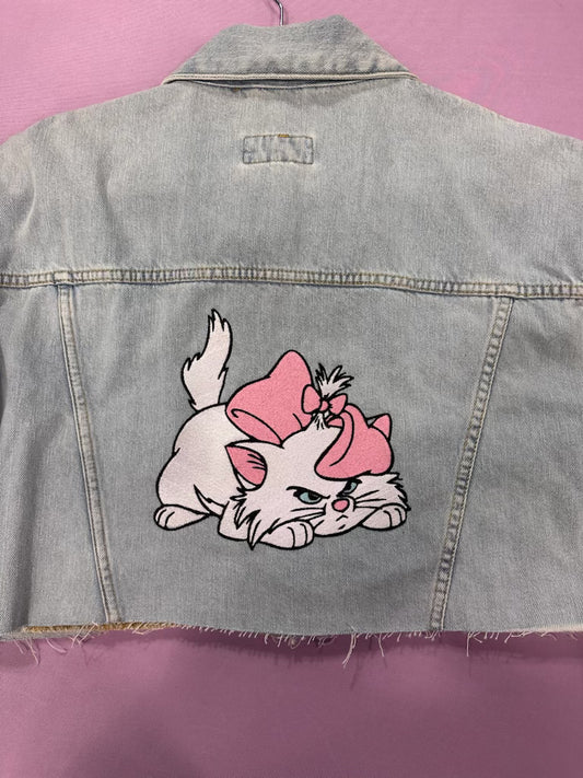 Embroidered Mad kitty cropped Jean Jacket