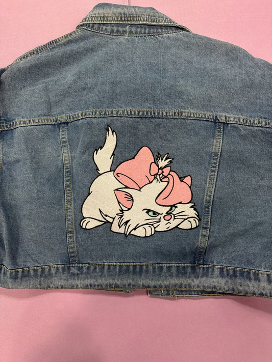 Embroidered Mad Kitty Cropped Jean Jacket