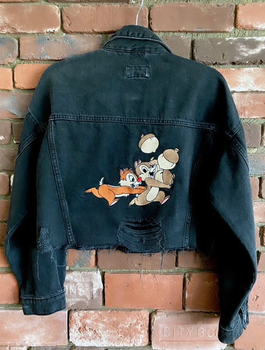 Embroidered Chipmunks Cropped Jean Jacket